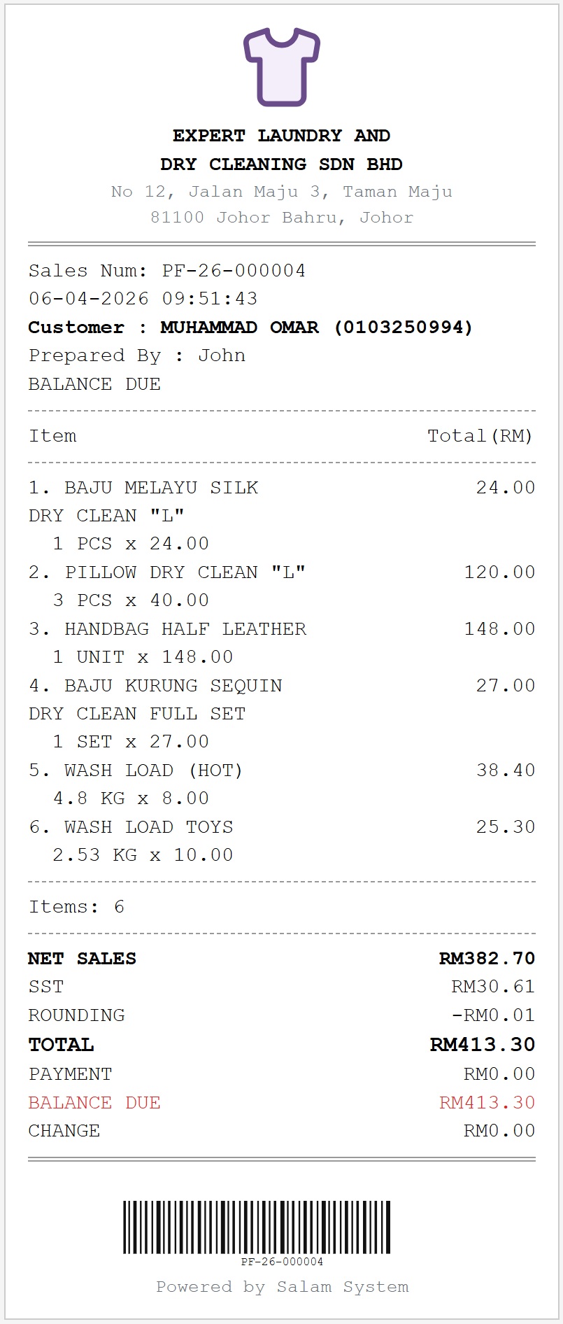 Laundry sales receipt